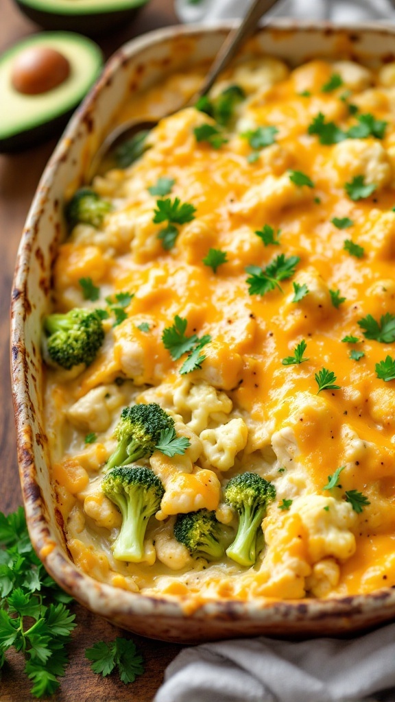 A tempting cheesy chicken casserole topped with melted cheese, garnished with parsley, served in a rustic dish on a wooden table.